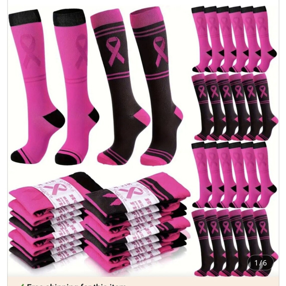 2 Pair Socks Athletic Compression Knee High Pink Ribbon Cancer Awareness Sock - Picture 2 of 6